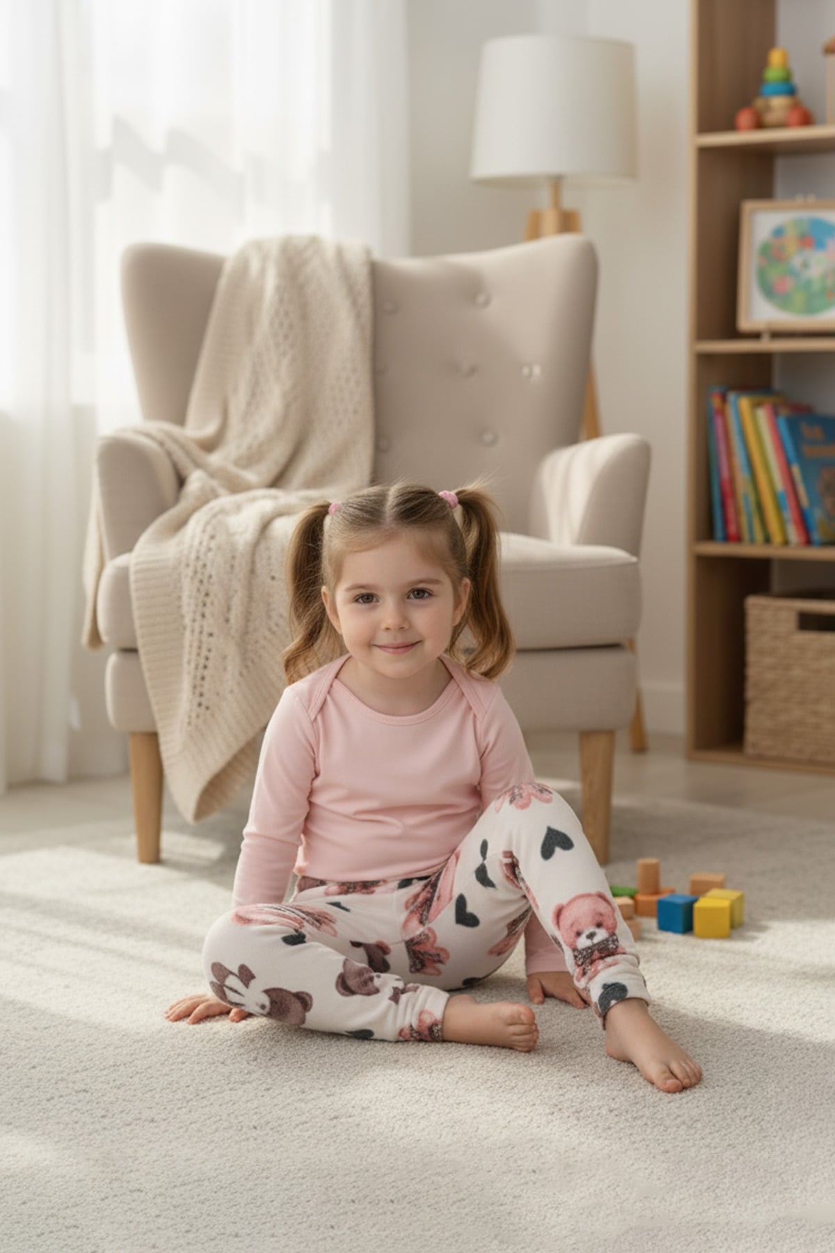 Ayıcık Desenli Beli Lastikli Kız Çocuk Polar Pijama Altı 2