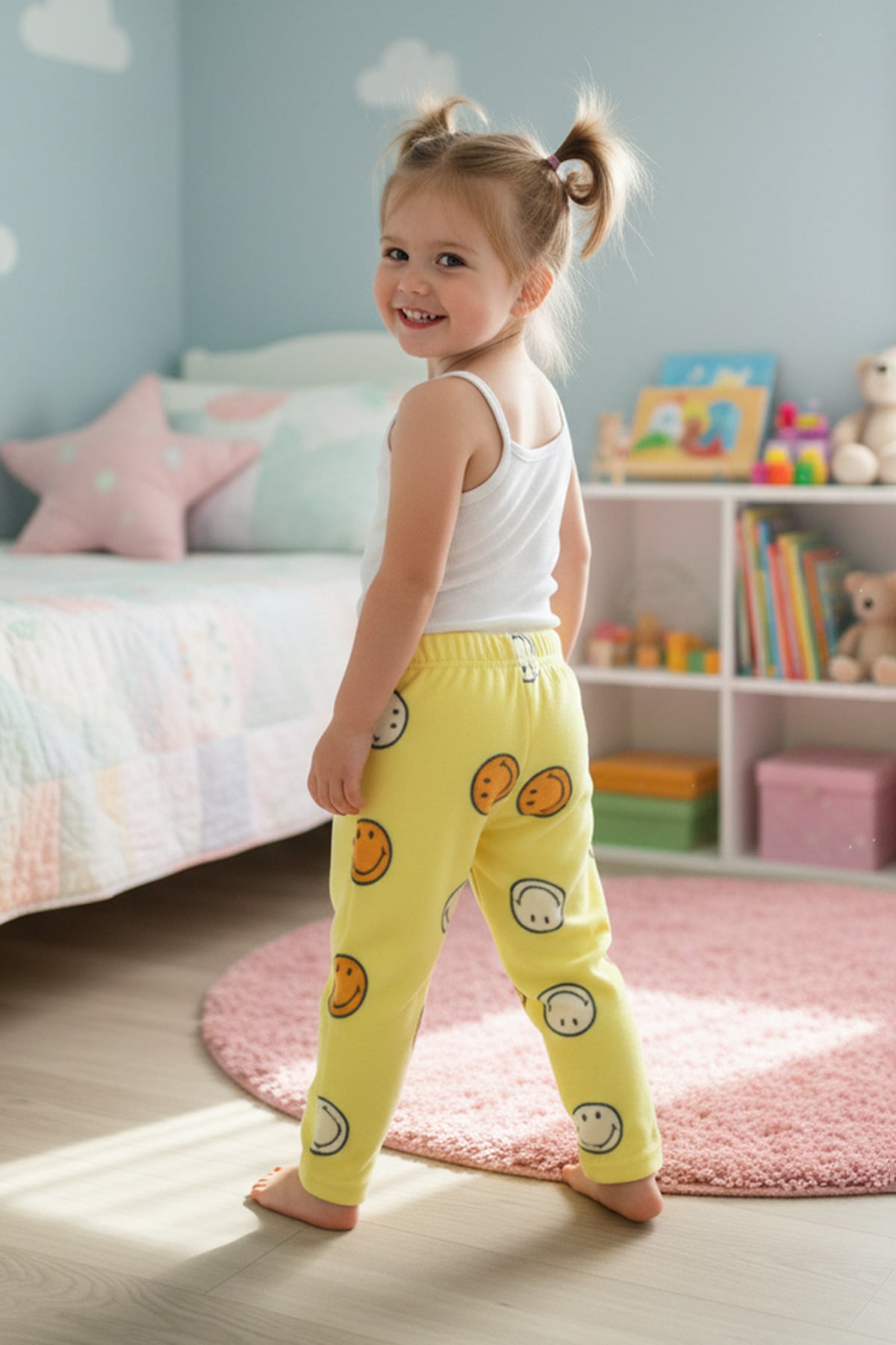 Gülen Yüz Desenli Polar Unisex Çocuk Pijama Altı 2