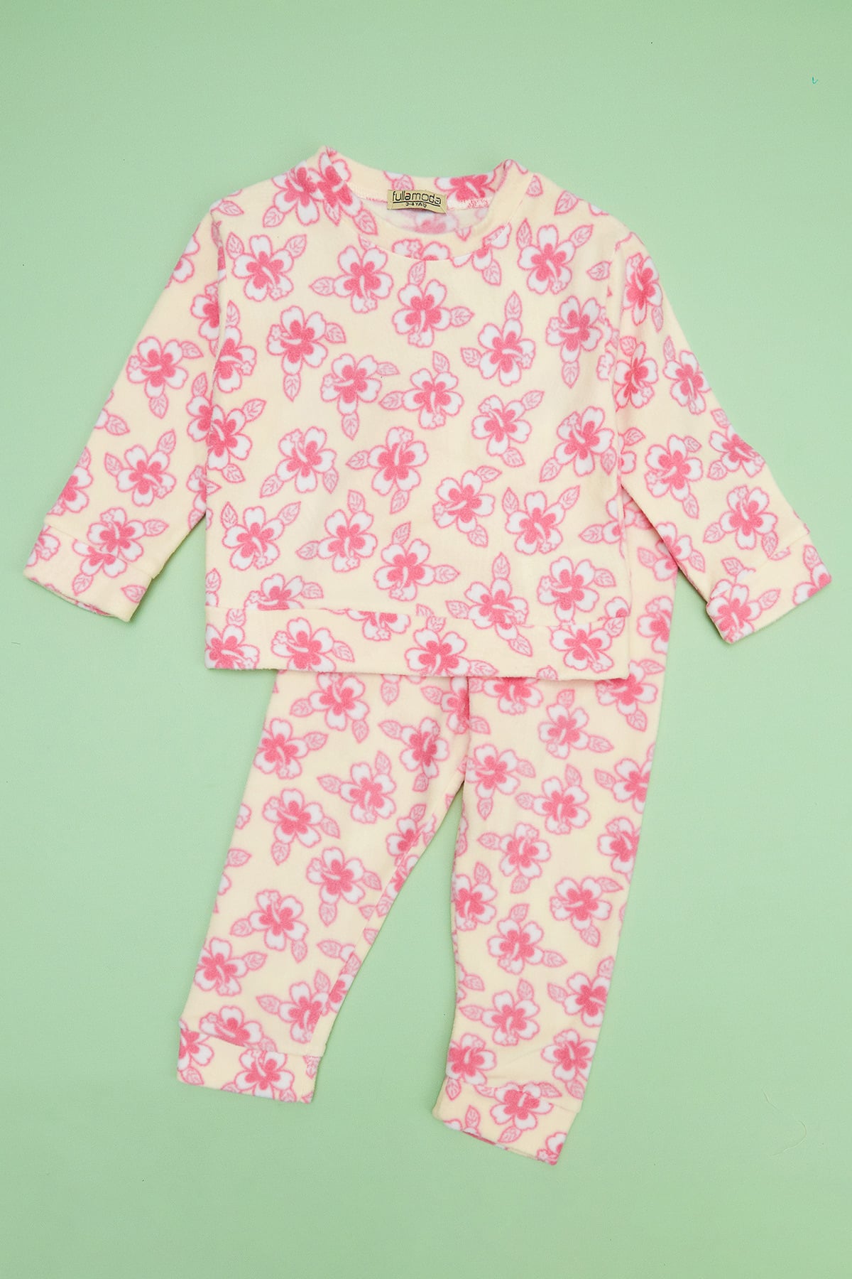 Çiçek Desenli Bisiklet Yaka Polar Kız Çocuk Pijama Takımı 2