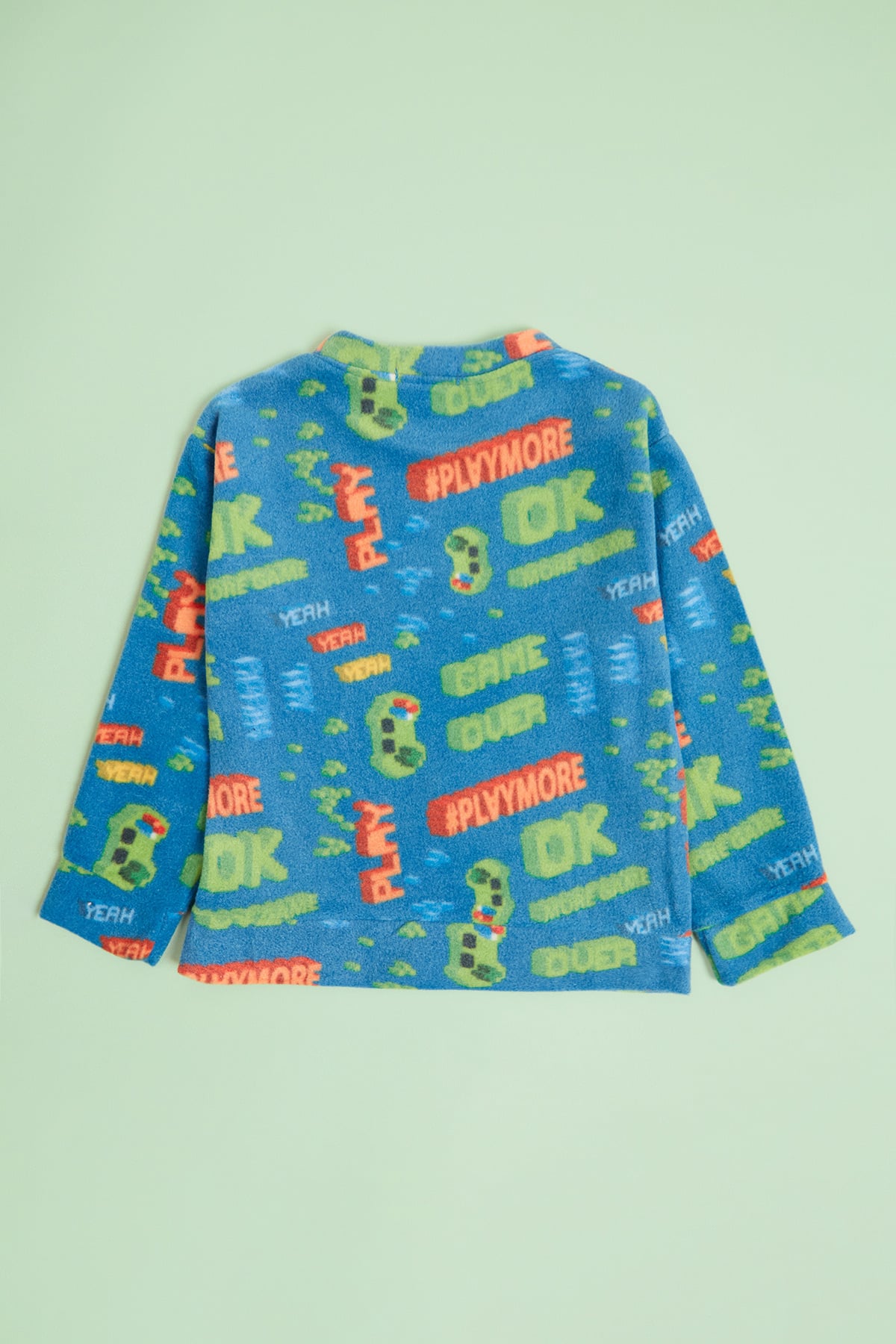 Play Yazı Baskılı Bisiklet Yaka Polar Unisex Çocuk Pijama Takımı 5