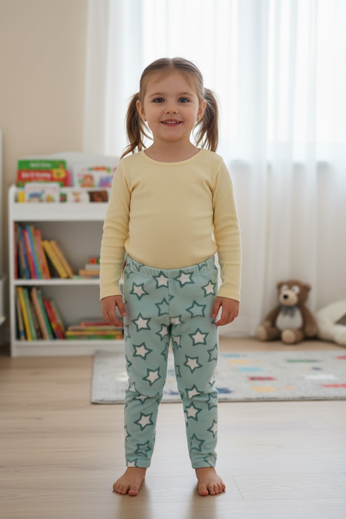 Yıldız Desenli Beli Lastikli Kız Çocuk Polar Pijama Altı