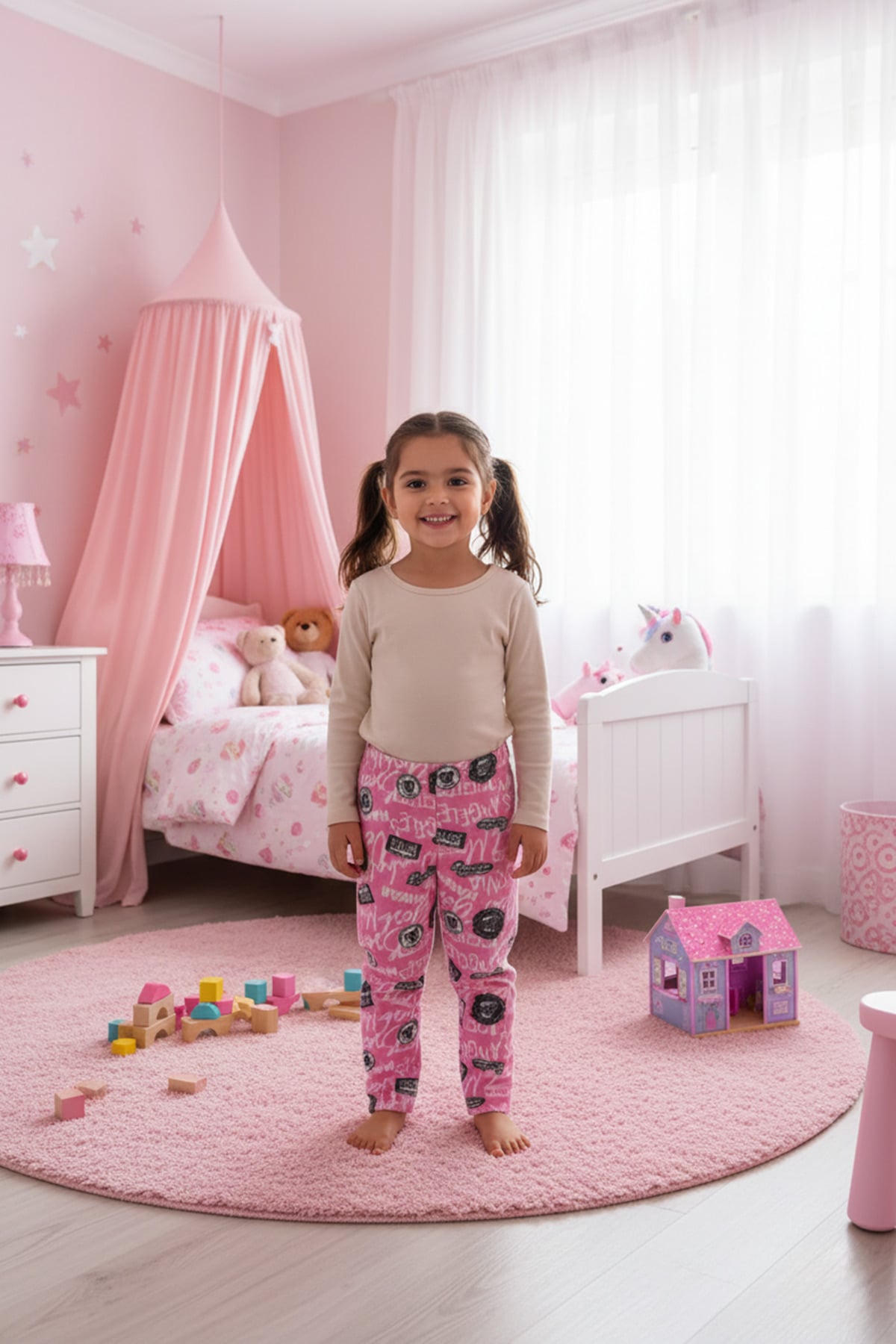 Yazı Desenli Beli Lastikli Kız Çocuk Polar Pijama Altı