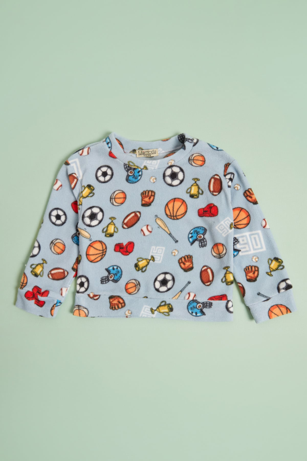 Top Desenli Bisiklet Yaka Polar Unisex Çocuk Pijama Takımı 4
