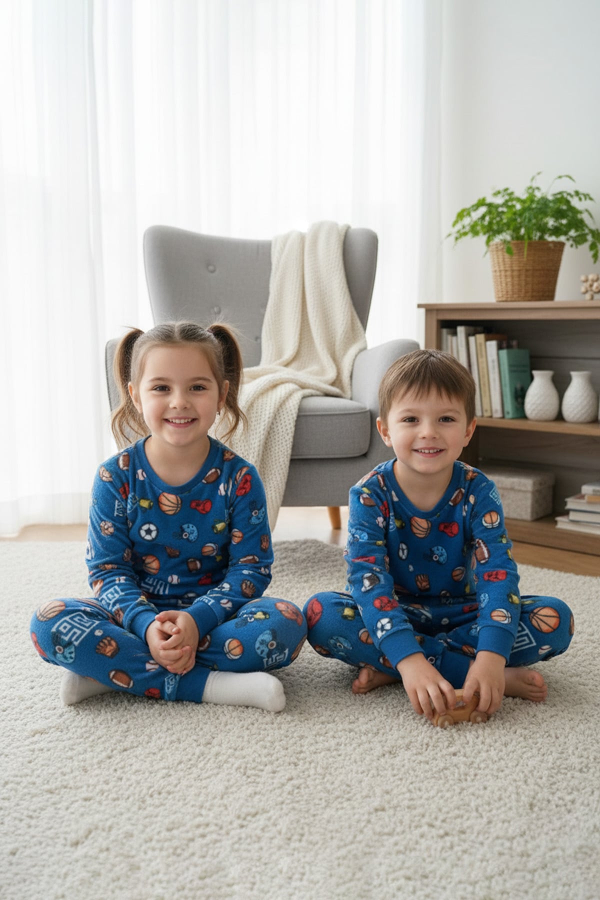 Top Desenli Bisiklet Yaka Polar Unisex Çocuk Pijama Takımı 2