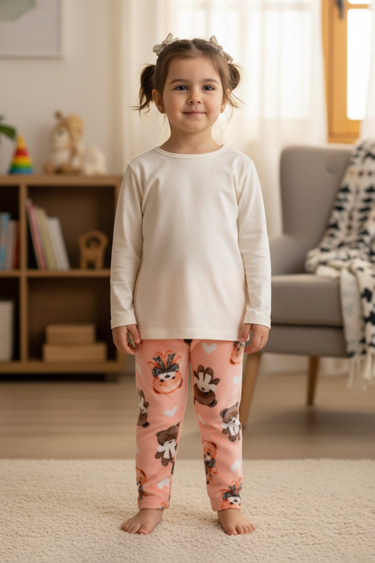 Ayıcık Desenli Beli Lastikli Kız Çocuk Polar Pijama Altı 2