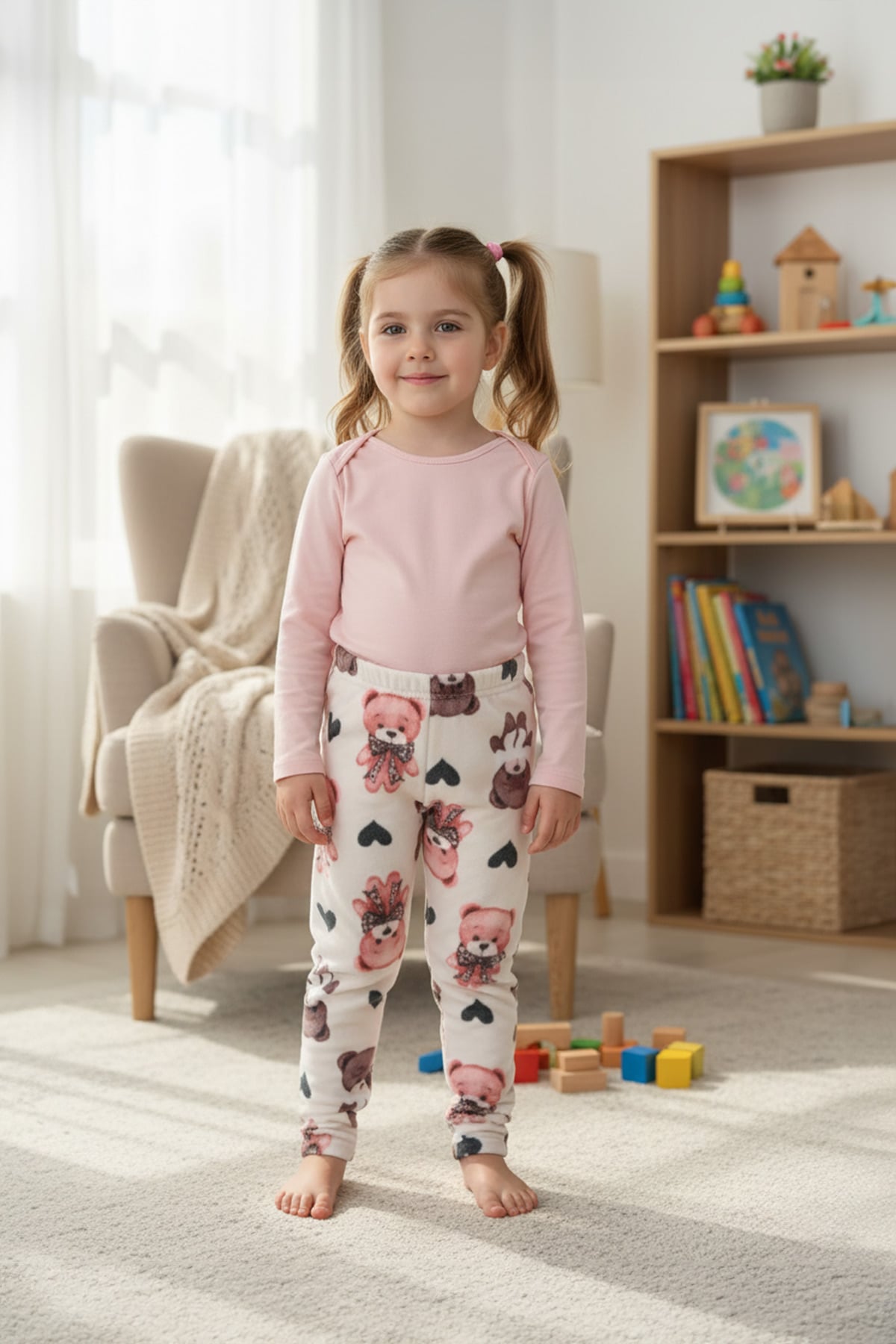 Ayıcık Desenli Beli Lastikli Kız Çocuk Polar Pijama Altı
