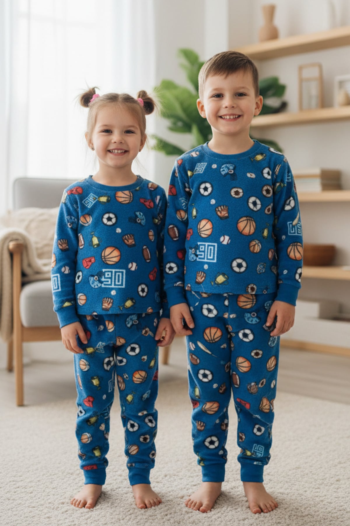 Top Desenli Bisiklet Yaka Polar Unisex Çocuk Pijama Takımı