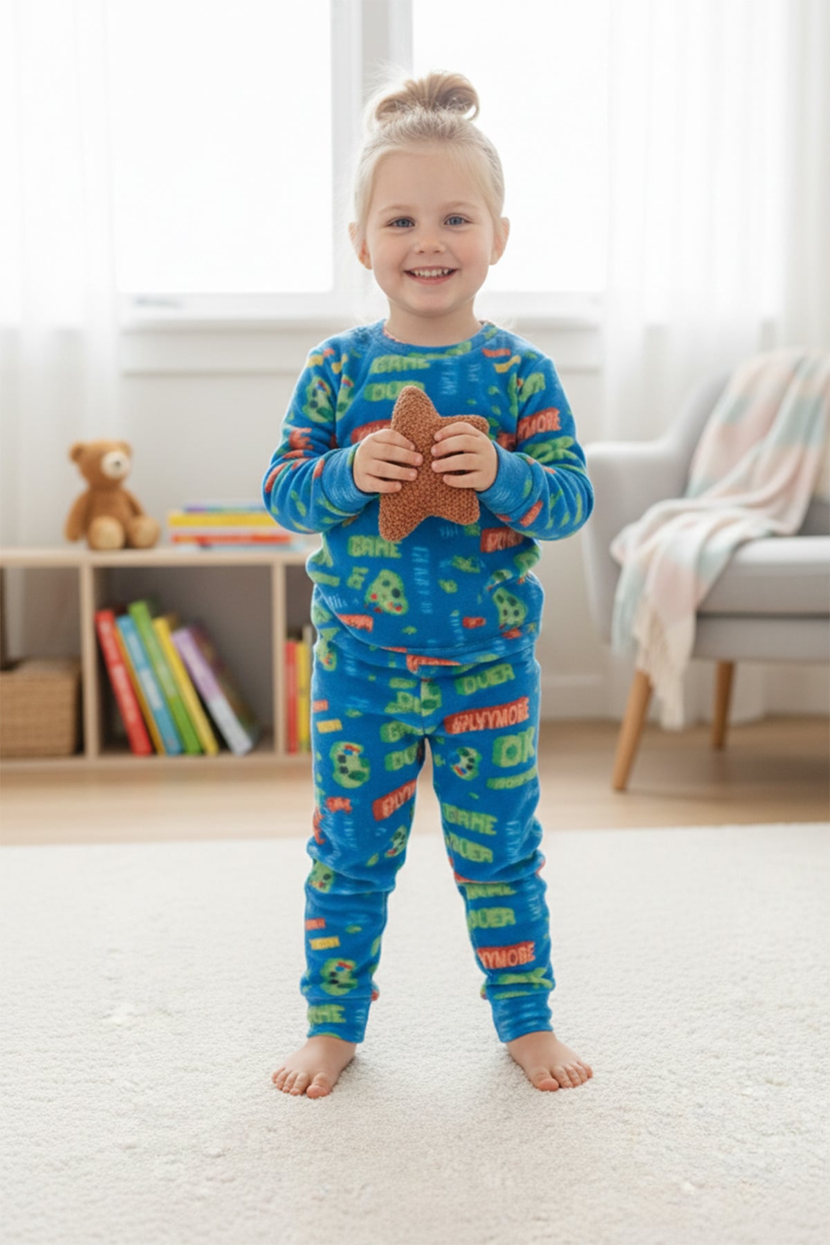 Play Yazı Baskılı Bisiklet Yaka Polar Unisex Çocuk Pijama Takımı 2