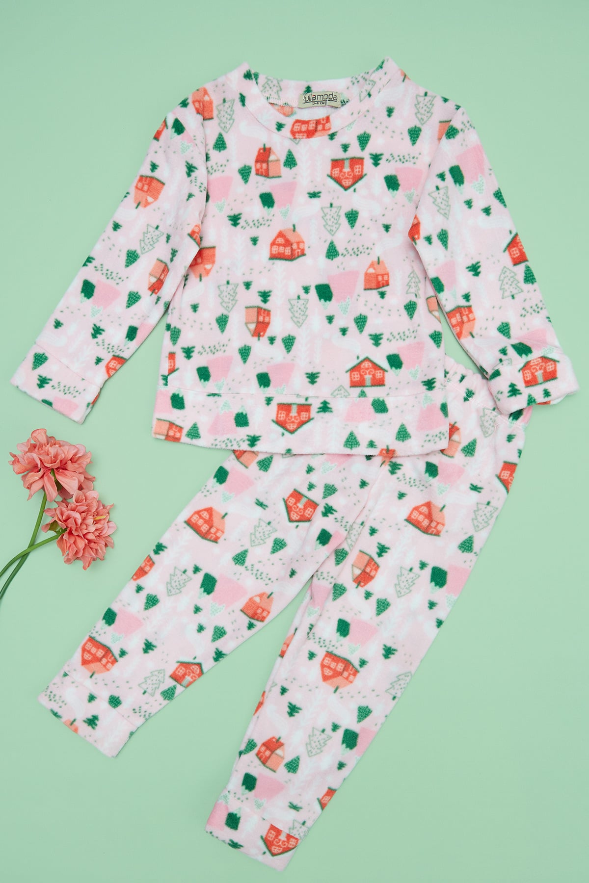 Ev Desenli Polar Kız Çocuk Pijama Takımı 3