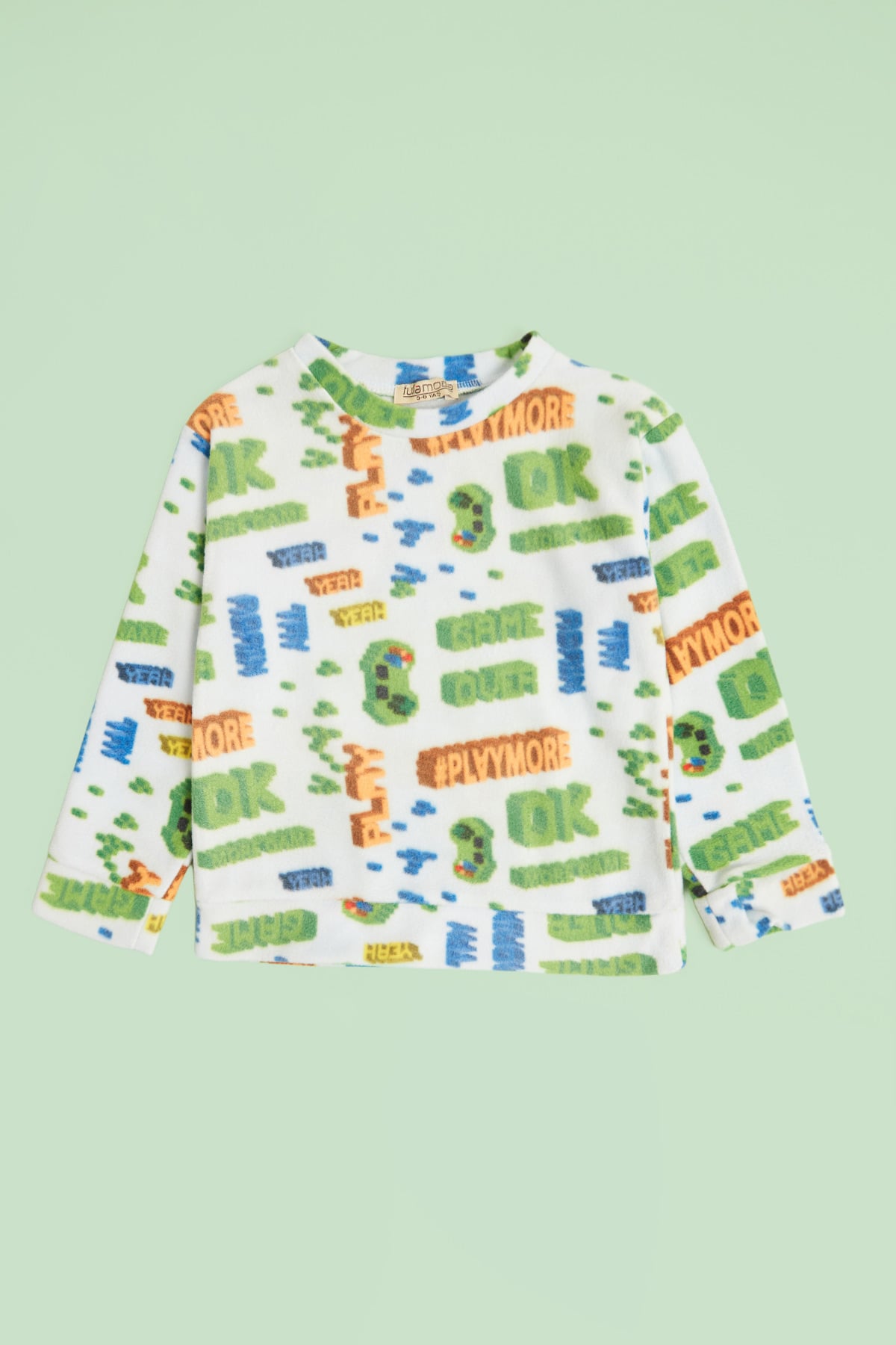 Play Yazı Baskılı Bisiklet Yaka Polar Unisex Çocuk Pijama Takımı 3