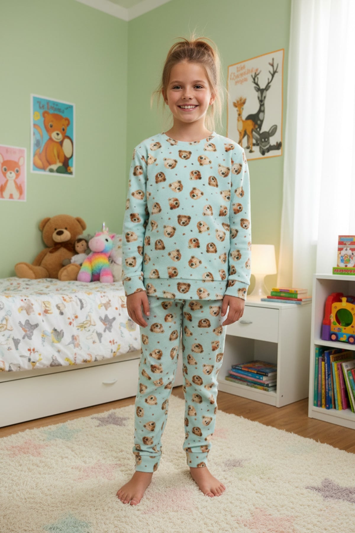 Ayıcık Desenli Polar Unisex Çocuk Pijama Takımı
