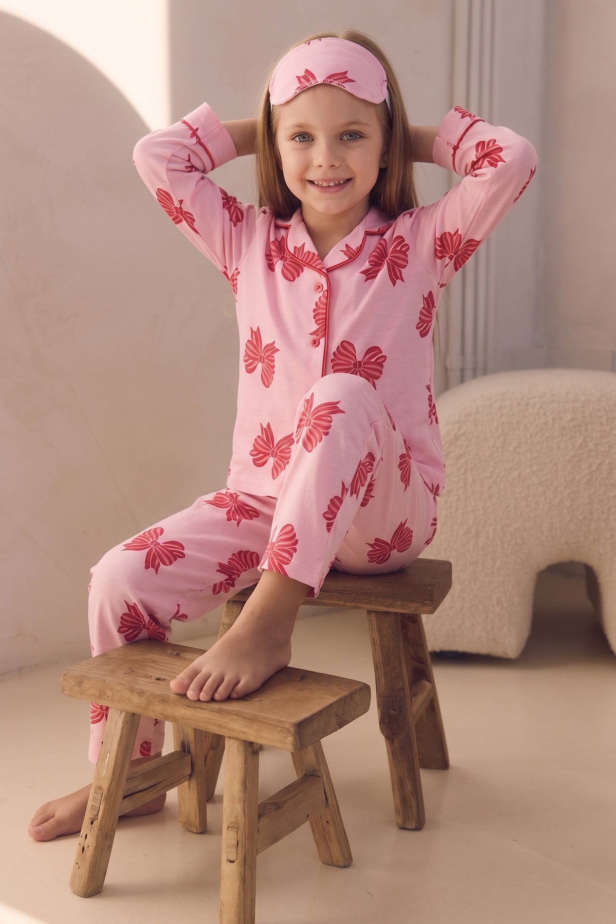 Kurdeleli Uyku Bantlı Kız Çocuk 3 Lü Pijama Takımı