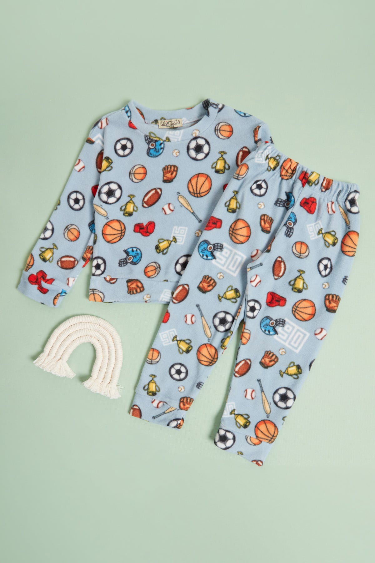 Top Desenli Bisiklet Yaka Polar Unisex Çocuk Pijama Takımı 3