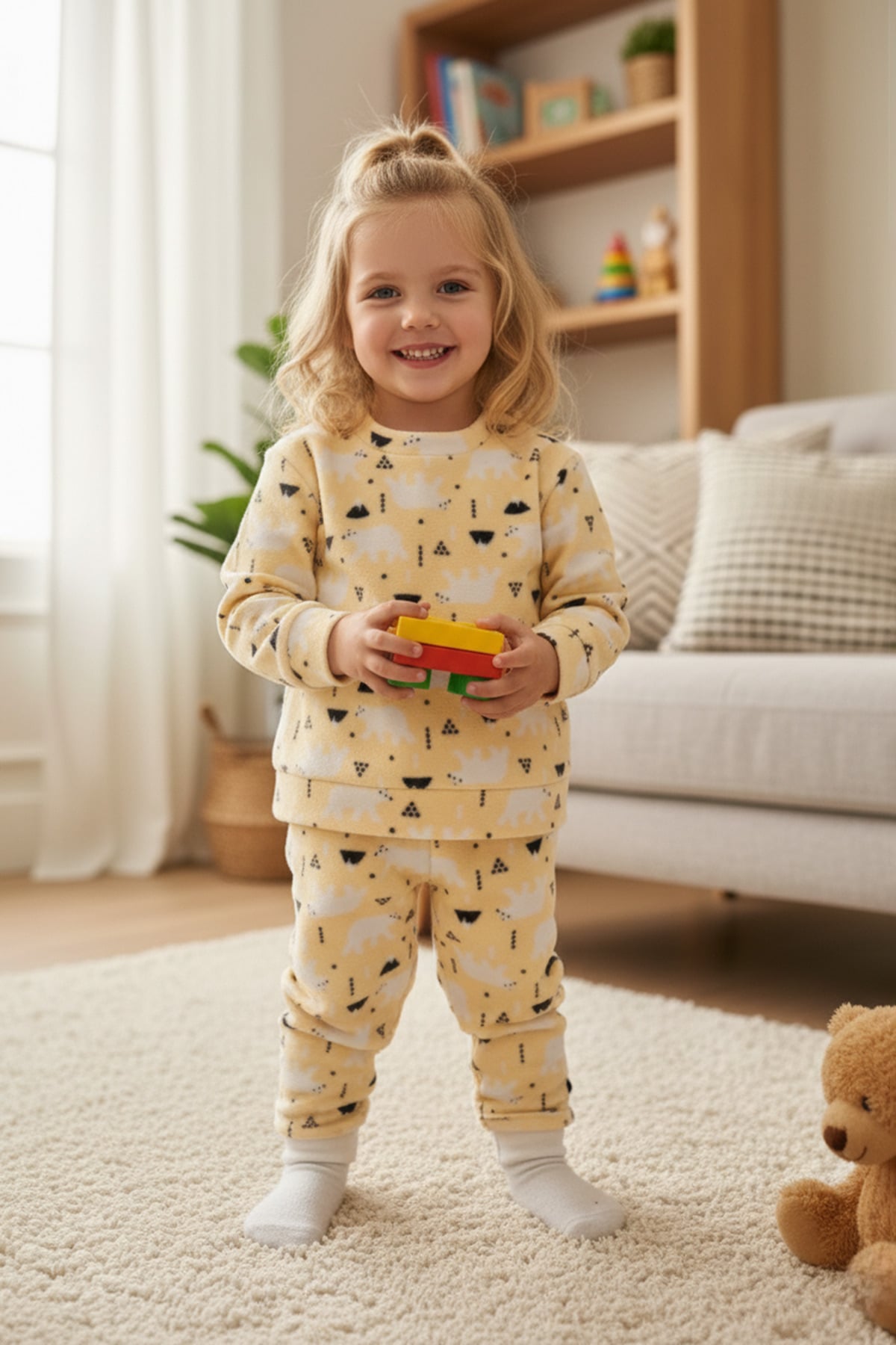 Kutup Ayısı Desenli  Polar Unisex Çocuk Pijama Takımı