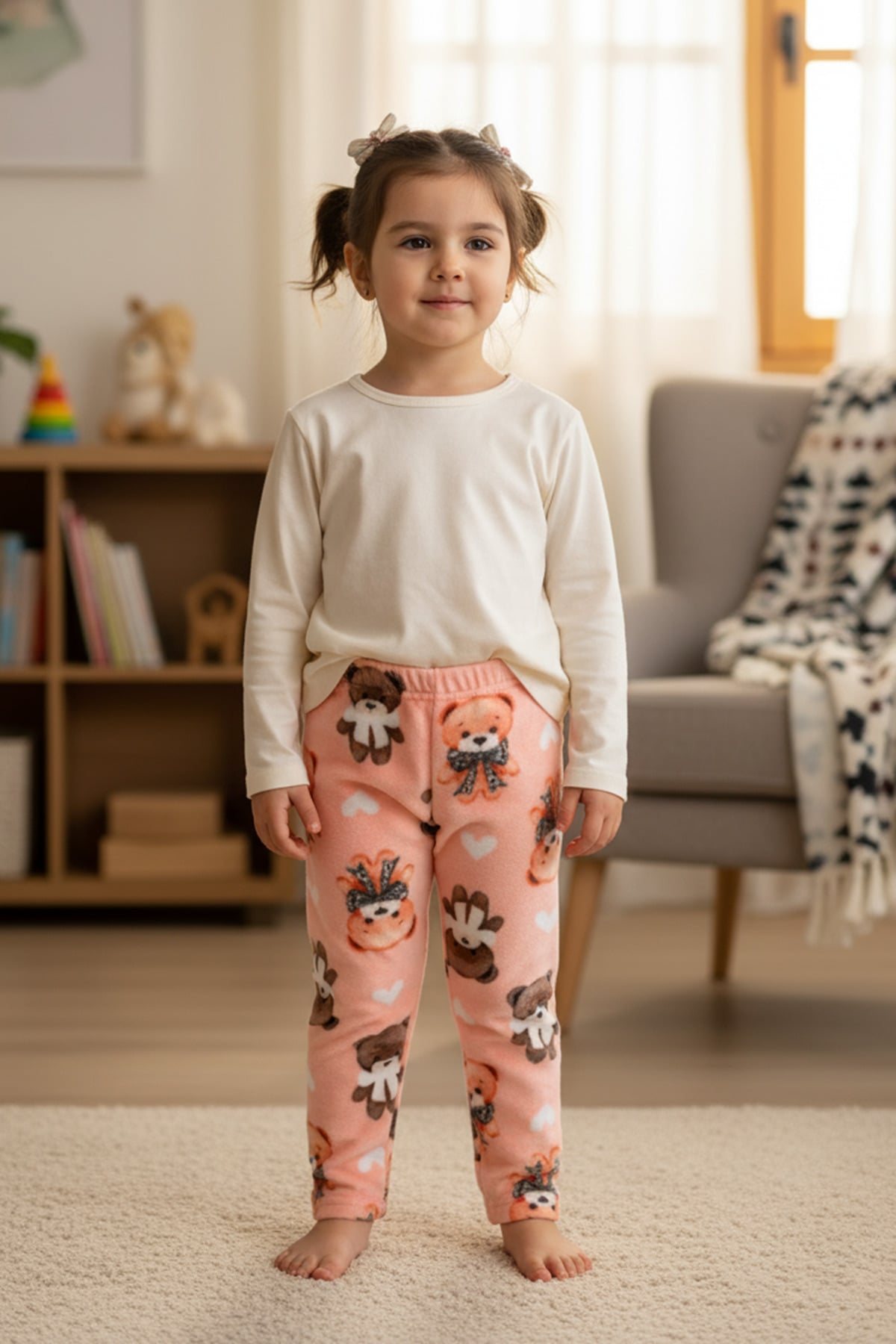 Ayıcık Desenli Beli Lastikli Kız Çocuk Polar Pijama Altı