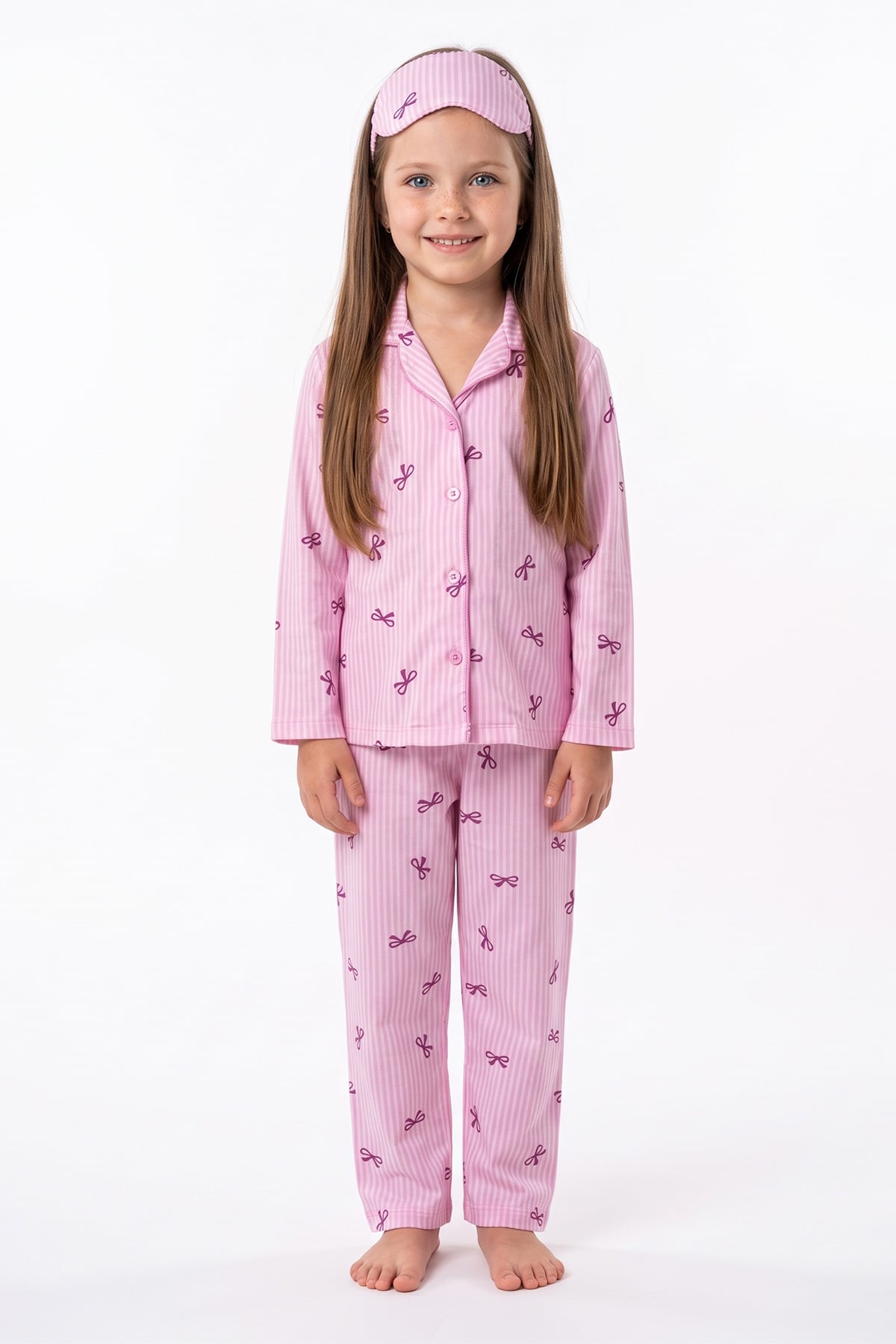 Fiyonklu Çizgili Uyku Bantlı Kız Çocuk 3 Lü Pijama Takımı 2