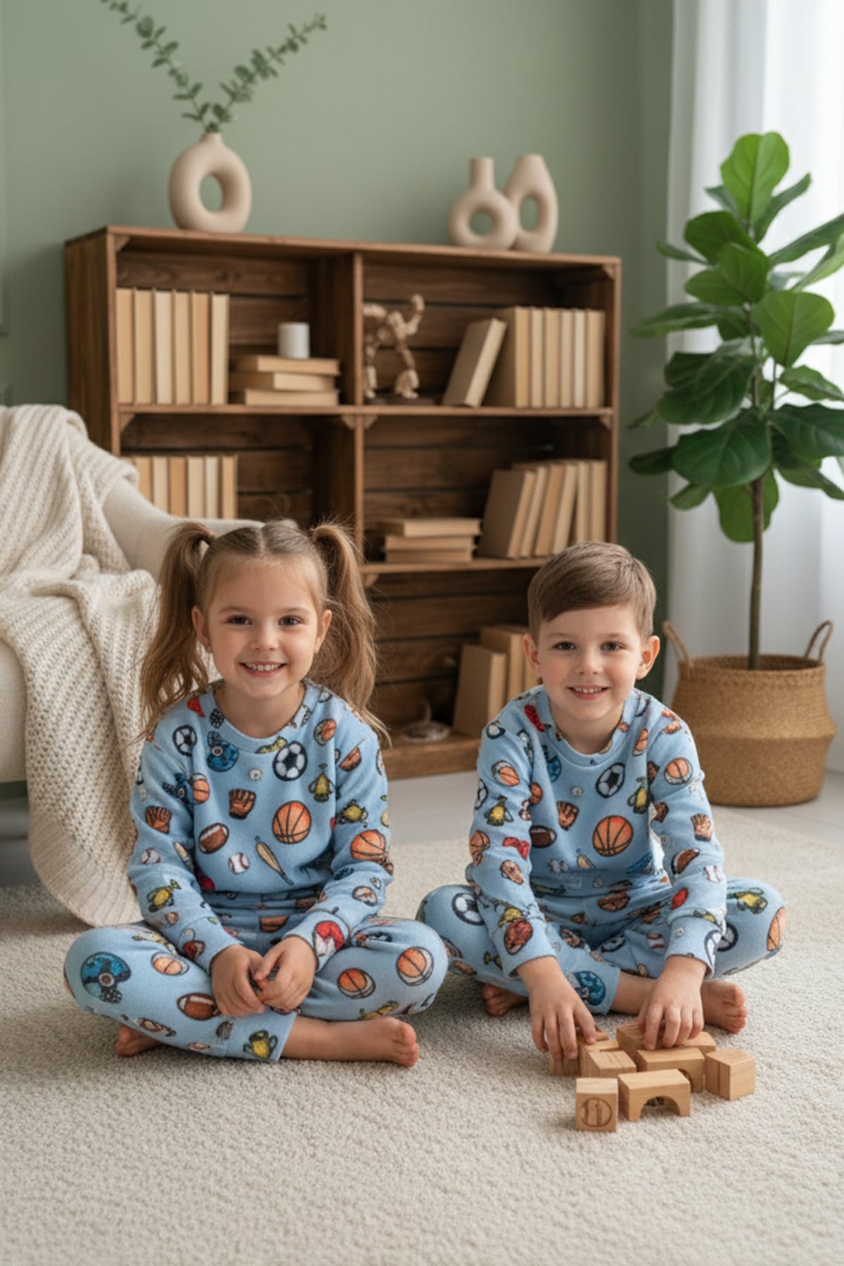 Top Desenli Bisiklet Yaka Polar Unisex Çocuk Pijama Takımı 2