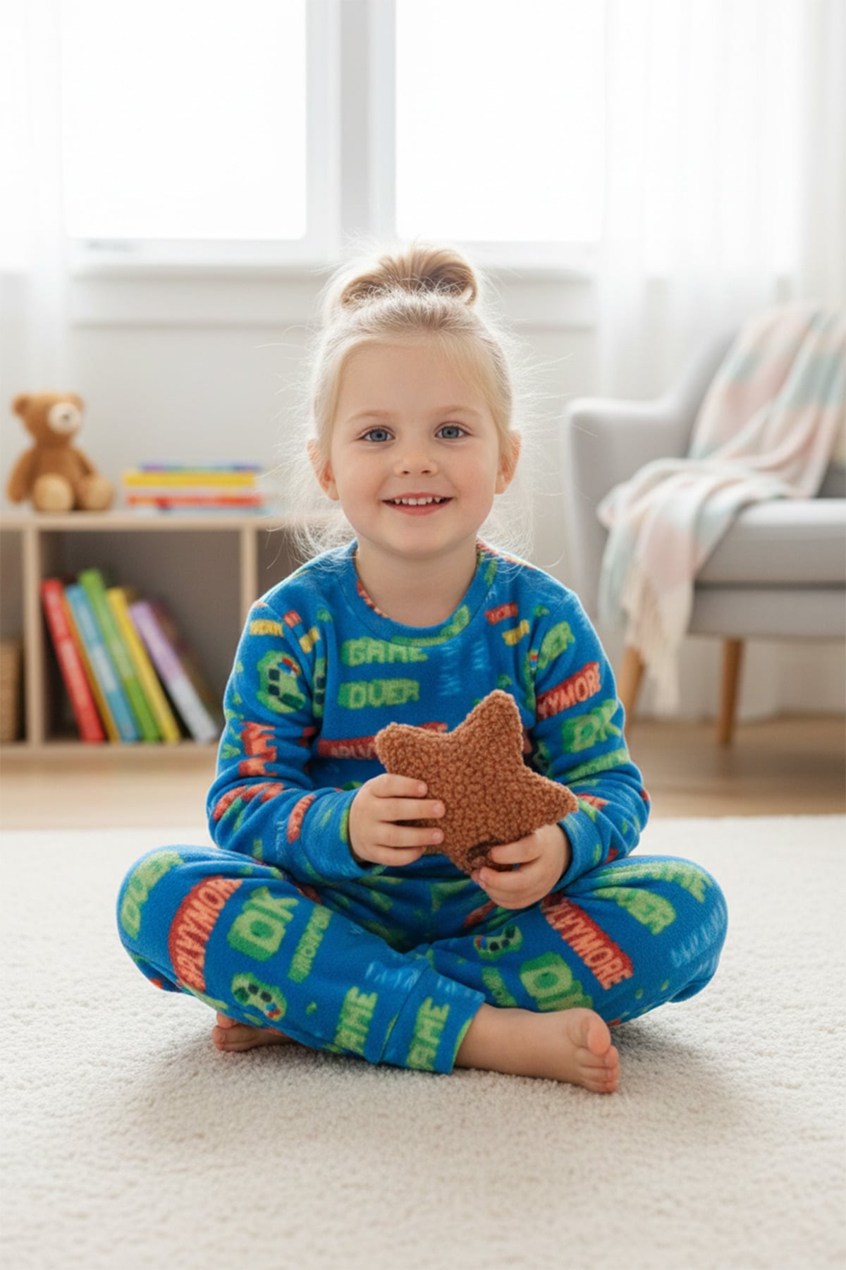 Play Yazı Baskılı Bisiklet Yaka Polar Unisex Çocuk Pijama Takımı