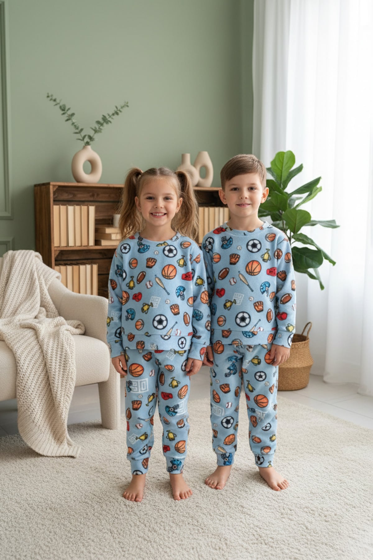 Top Desenli Bisiklet Yaka Polar Unisex Çocuk Pijama Takımı