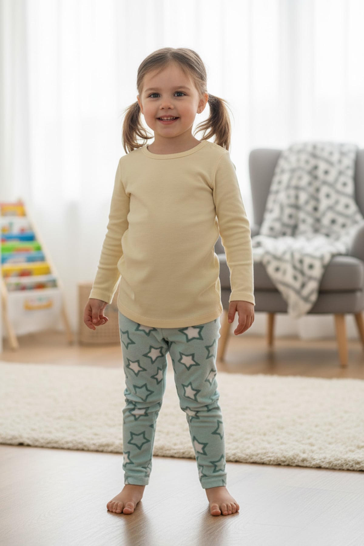 Yıldız Desenli Beli Lastikli Kız Çocuk Polar Pijama Altı 2