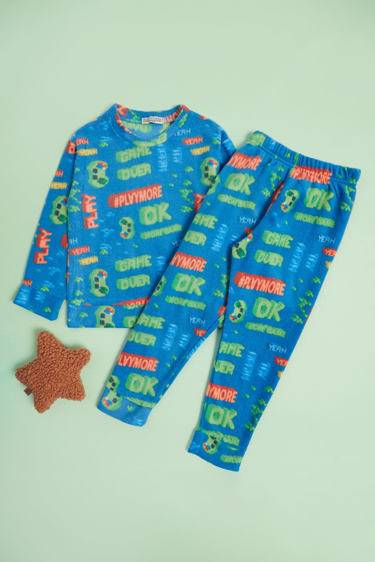 Play Yazı Baskılı Bisiklet Yaka Polar Unisex Çocuk Pijama Takımı 3