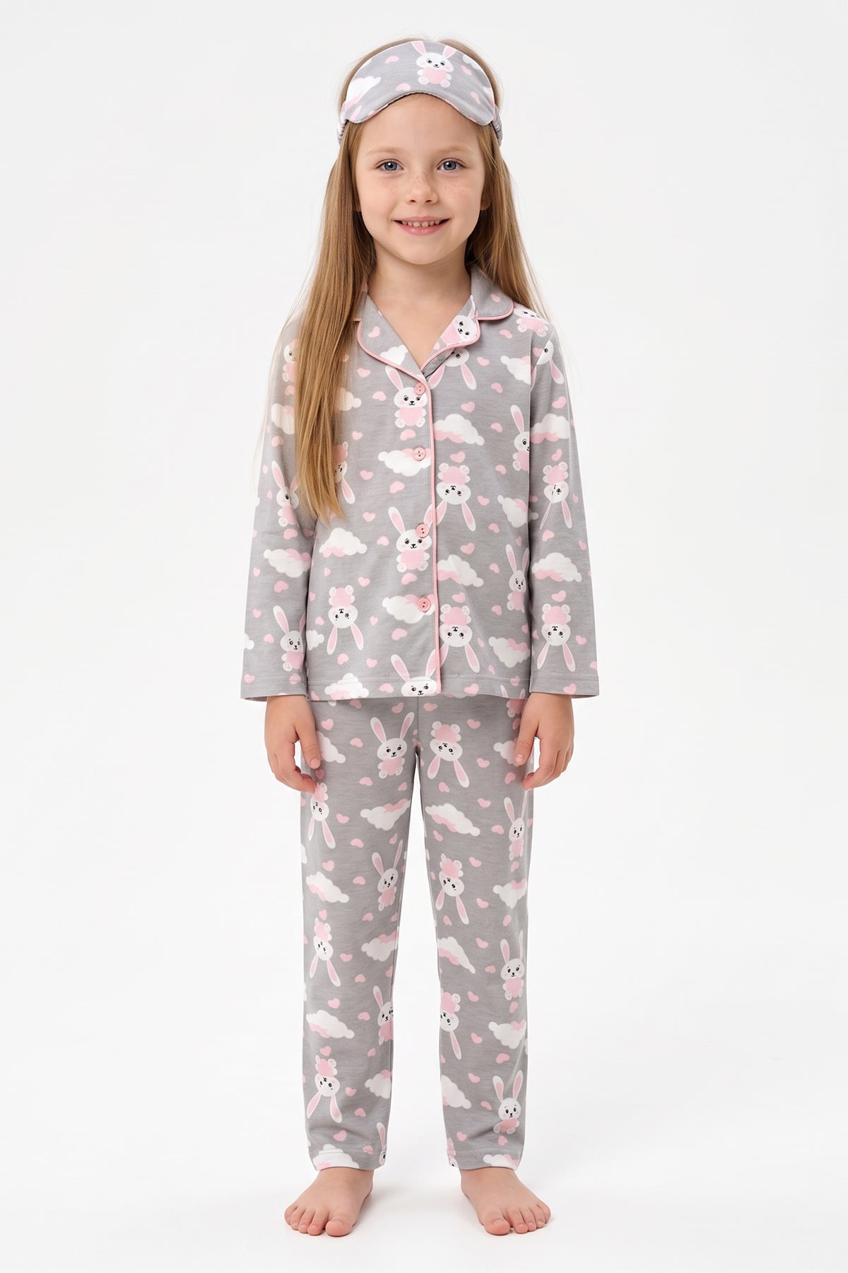 Tavşan Desenli Düğmeli Uyku Bantlı Kız Çocuk 3 Lü Pijama Takımı 2