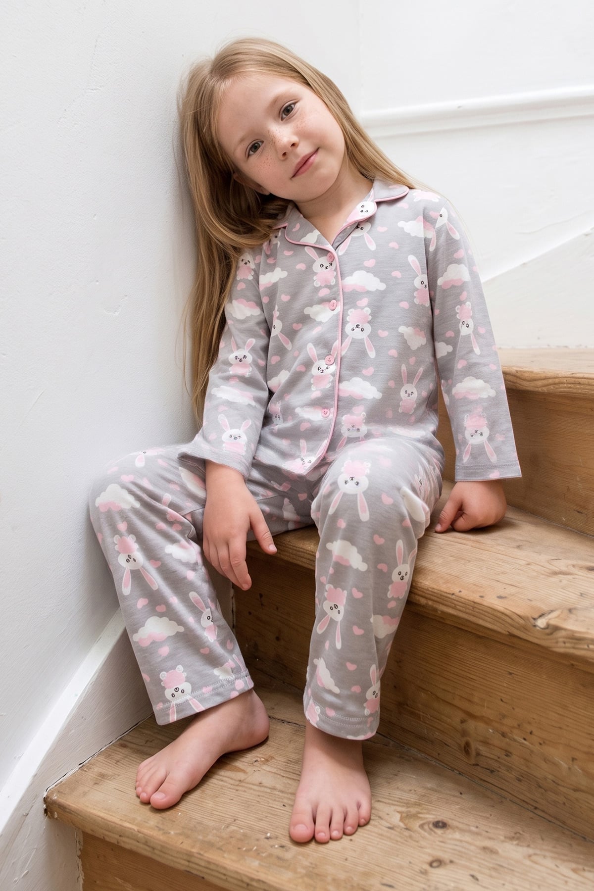 Tavşan Desenli Düğmeli Uyku Bantlı Kız Çocuk 3 Lü Pijama Takımı