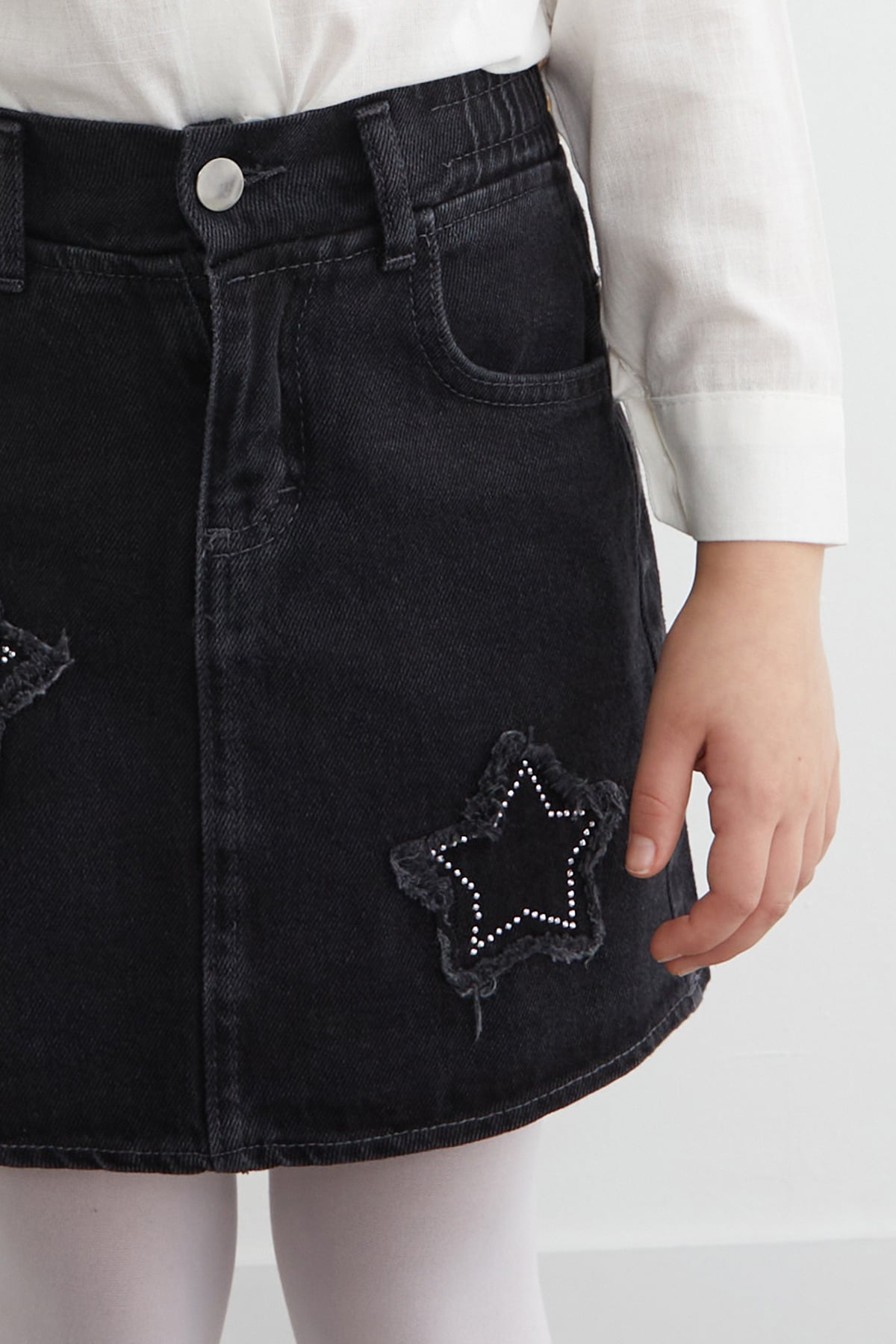 23 Nisan Beli Lastikli Yıldız Nakışlı Taşlı Kız Çocuk Jean Etek 4
