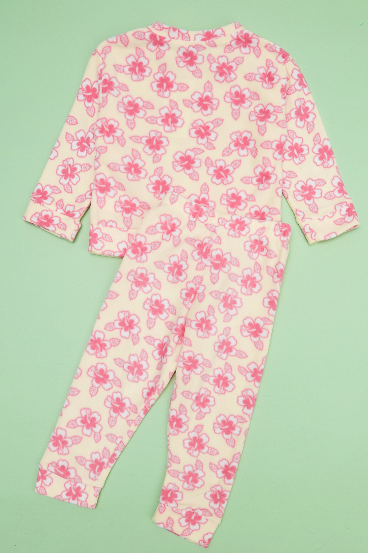Çiçek Desenli Bisiklet Yaka Polar Kız Çocuk Pijama Takımı 3