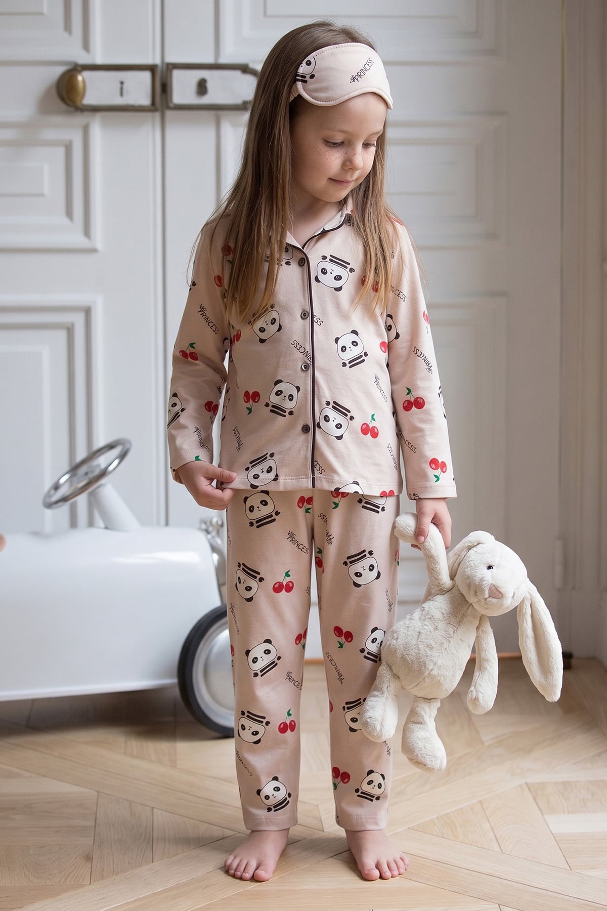 Panda Baskılı Uyku Bantlı Kız Çocuk 3 Lü Pijama Takımı