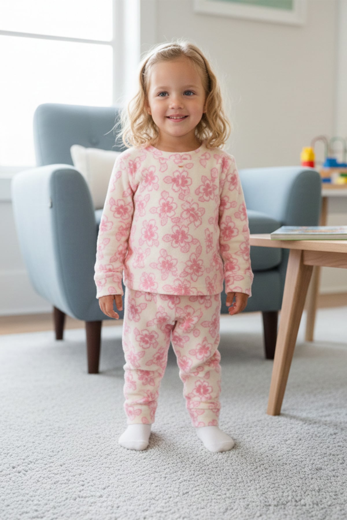 Çiçek Desenli Bisiklet Yaka Polar Kız Çocuk Pijama Takımı