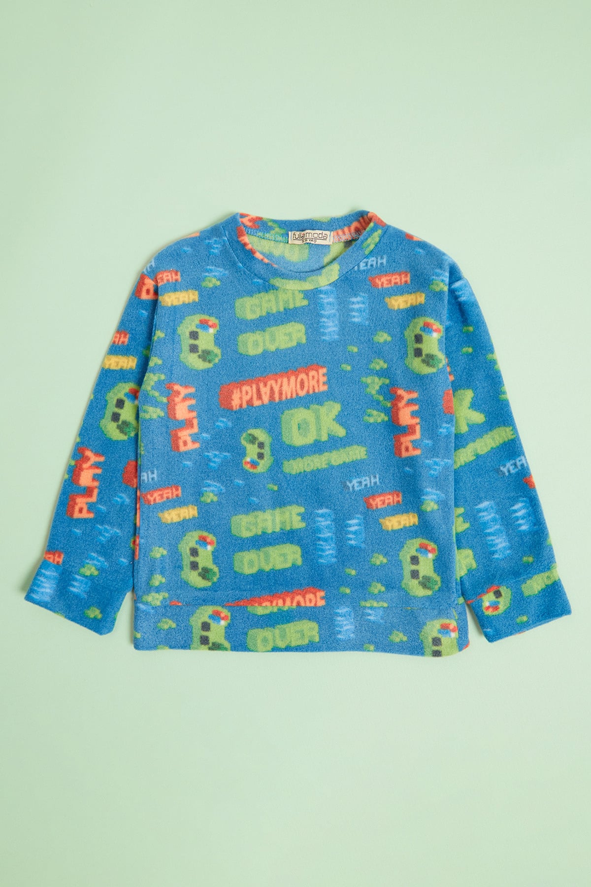 Play Yazı Baskılı Bisiklet Yaka Polar Unisex Çocuk Pijama Takımı 4