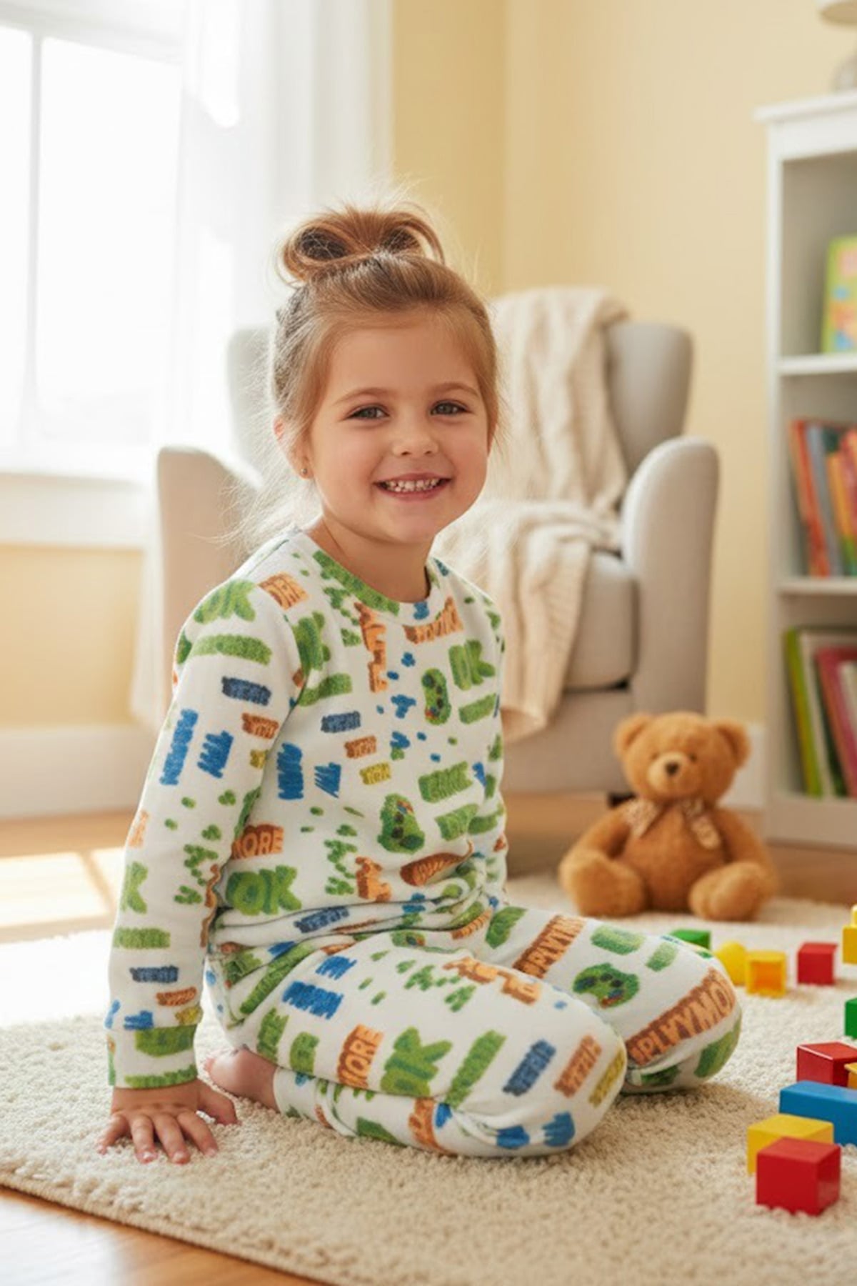 Play Yazı Baskılı Bisiklet Yaka Polar Unisex Çocuk Pijama Takımı