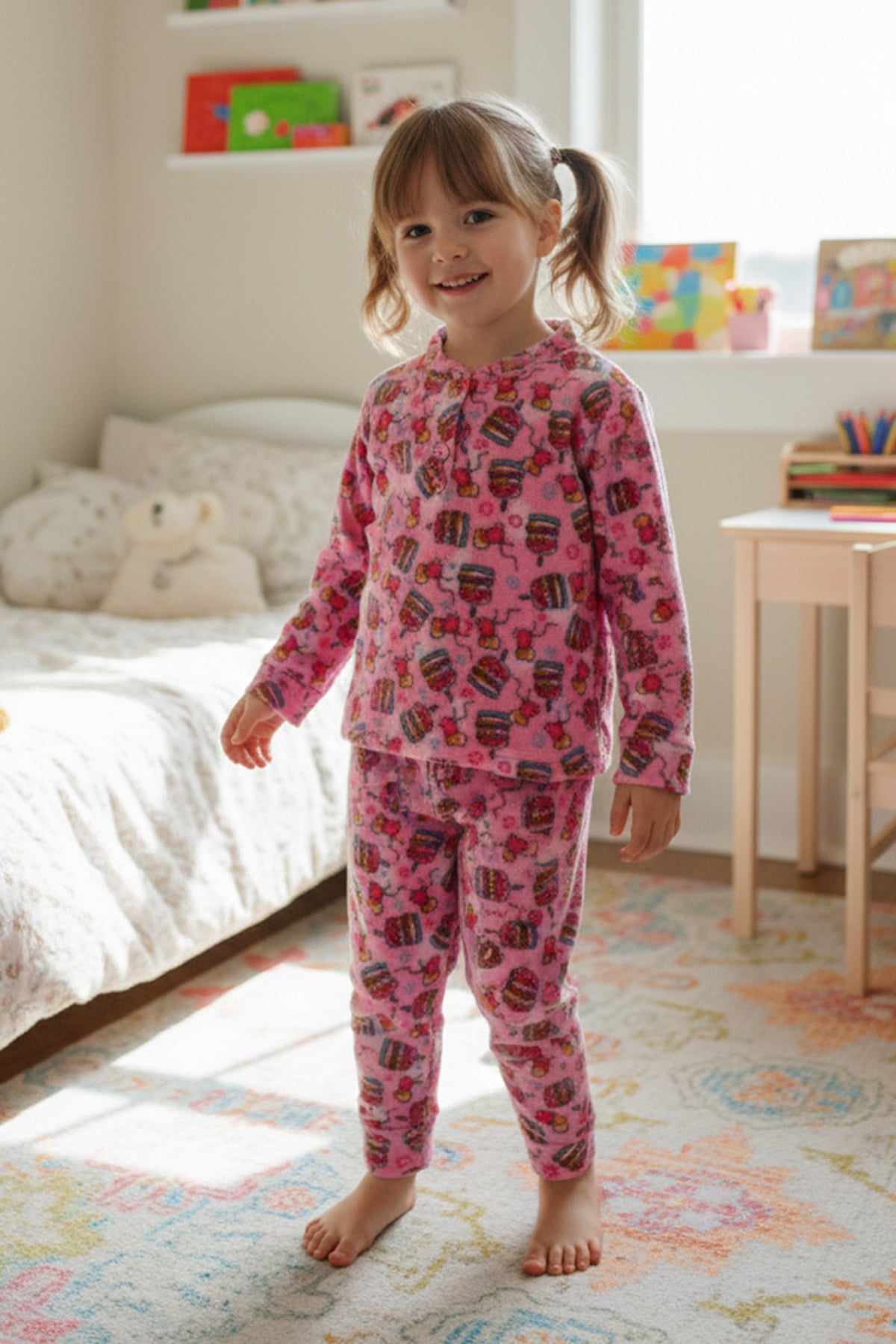 Pasta Desenli Polar Kız Çocuk Pijama Takımı
