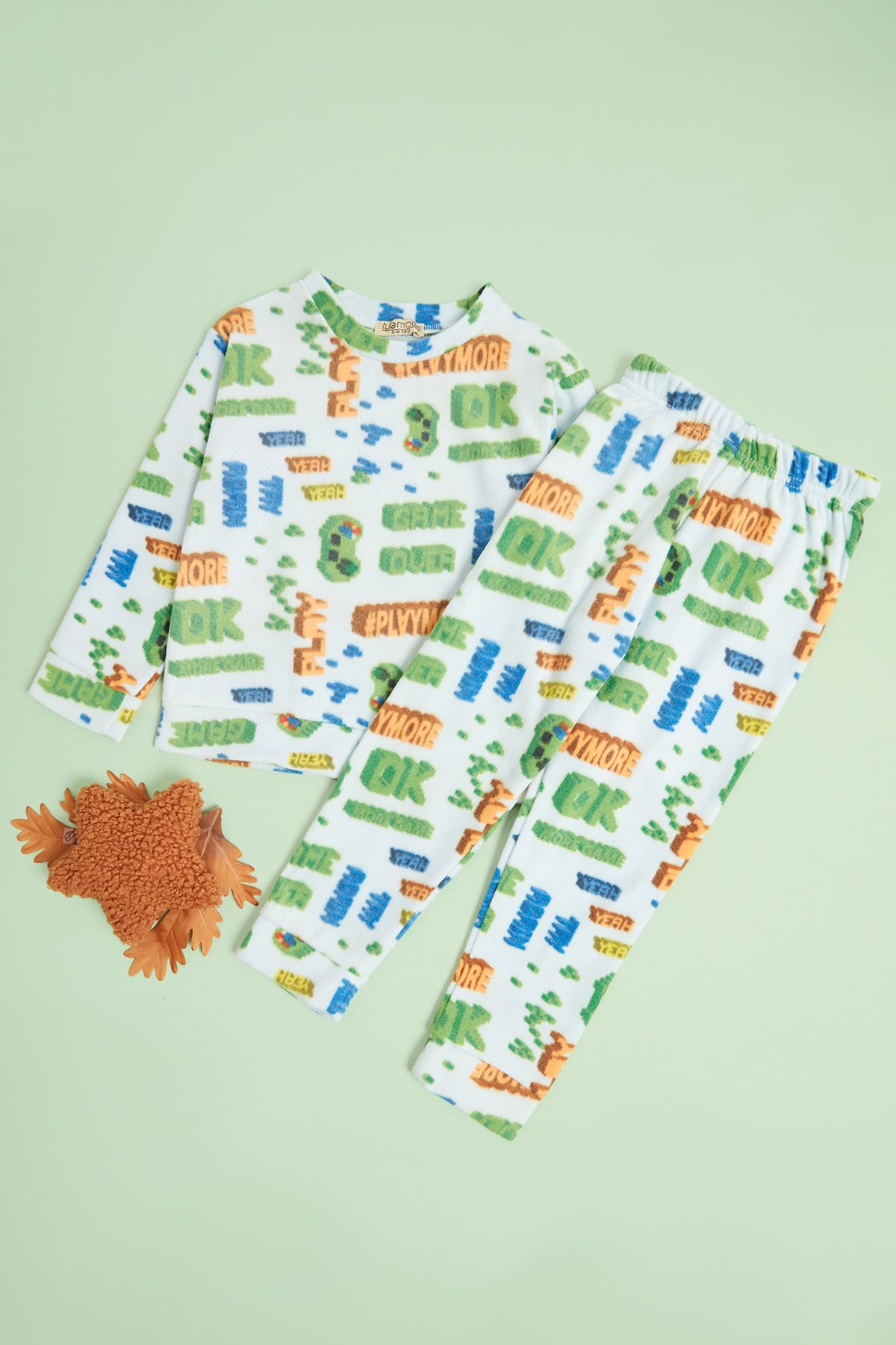 Play Yazı Baskılı Bisiklet Yaka Polar Unisex Çocuk Pijama Takımı 2