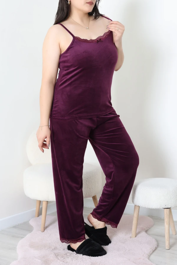 Fransız Kadife Büyük Beden 3'Lü Pijama Seti Mor 7