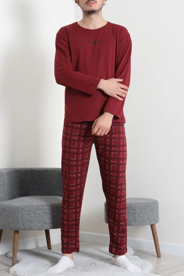 Süprem Ekoseli Baskılı Erkek Pijama Takımı Bordo 5