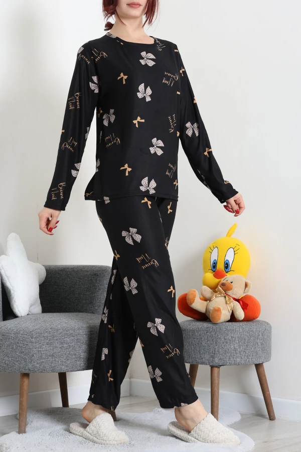 Süet Alt Üst Aynı Pijama Takımı Siyahbej 5