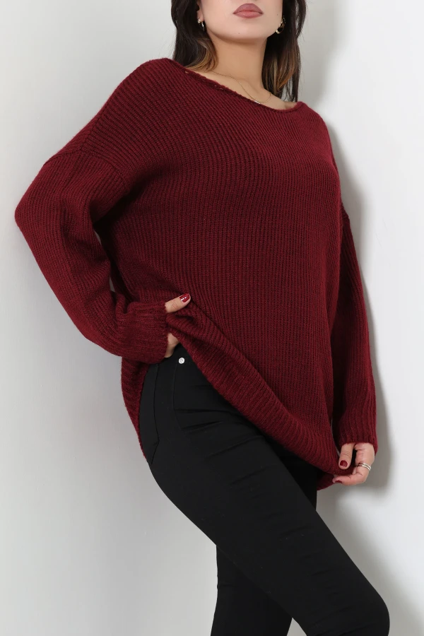 Düşük Kol Oversize Triko Kazak Bordo 3