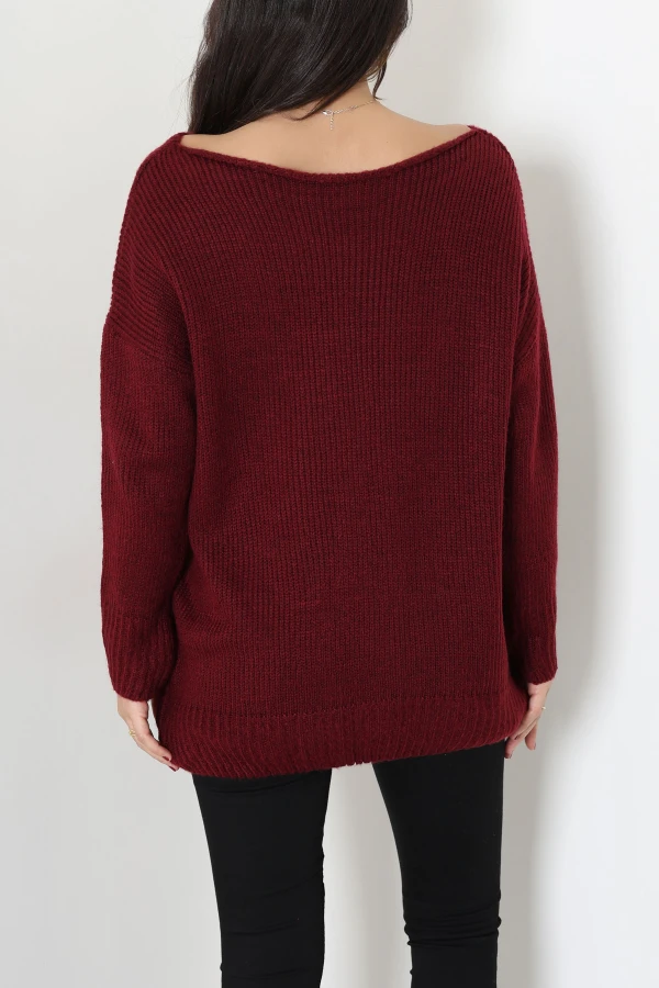 Düşük Kol Oversize Triko Kazak Bordo 8