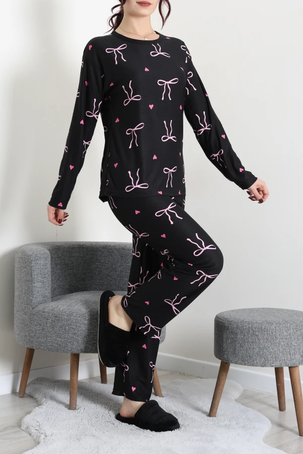 Süet Alt Üst Aynı Pijama Takımı Siyahpembe 2