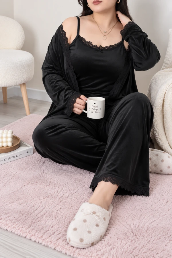 Fransız Kadife Battal Pijama Takımı Siyah