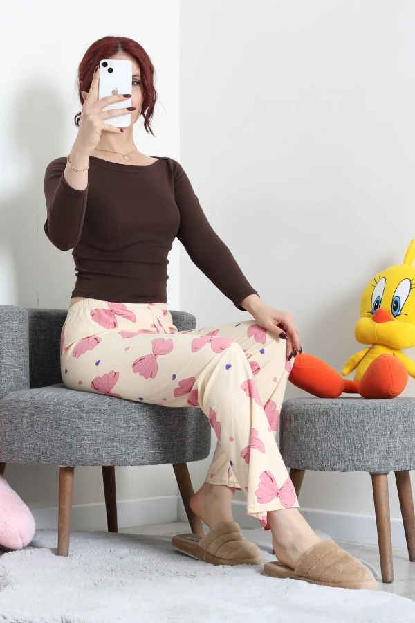 Desenli Süet Pijama Altı Bej 2