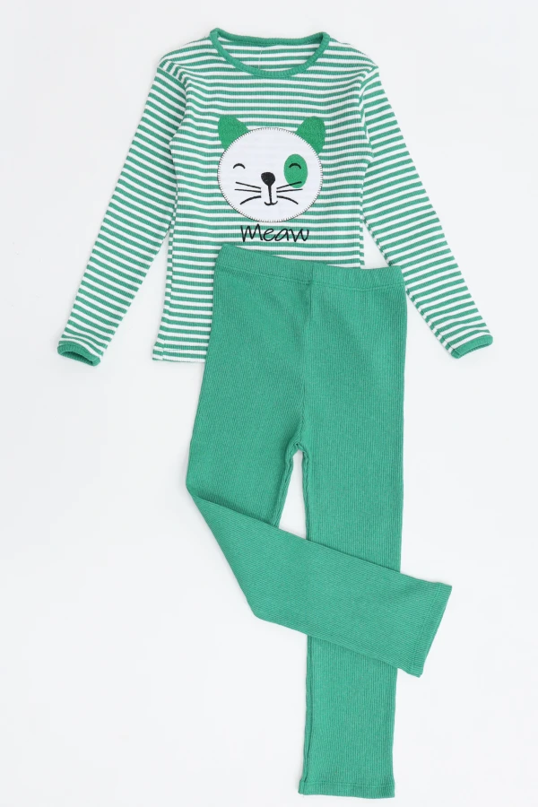 5-12 Yaş Kaşkorse Nakışlı Pijama Takımı Yeşil 4