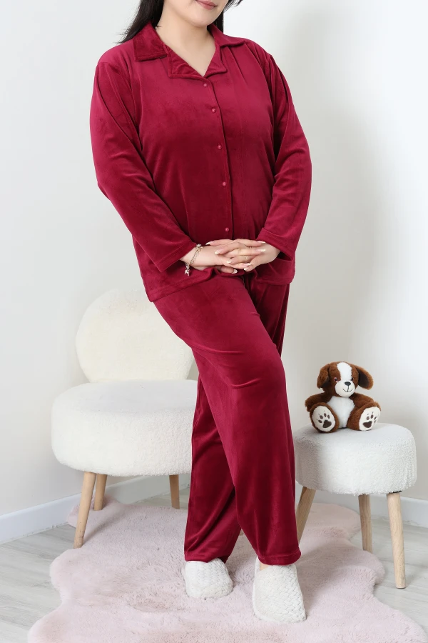 Fransız Kadife Büyük Beden Düğmeli Pijama Takımı Bordo 3