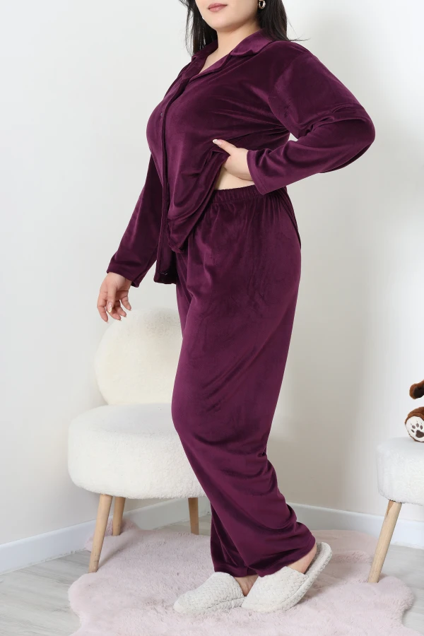 Fransız Kadife Büyük Beden Düğmeli Pijama Takımı Mor 4