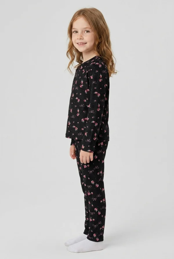 5-12 Yaş Süet Alt Üst Aynı Pijama Takımı Siyahçiçekli 2