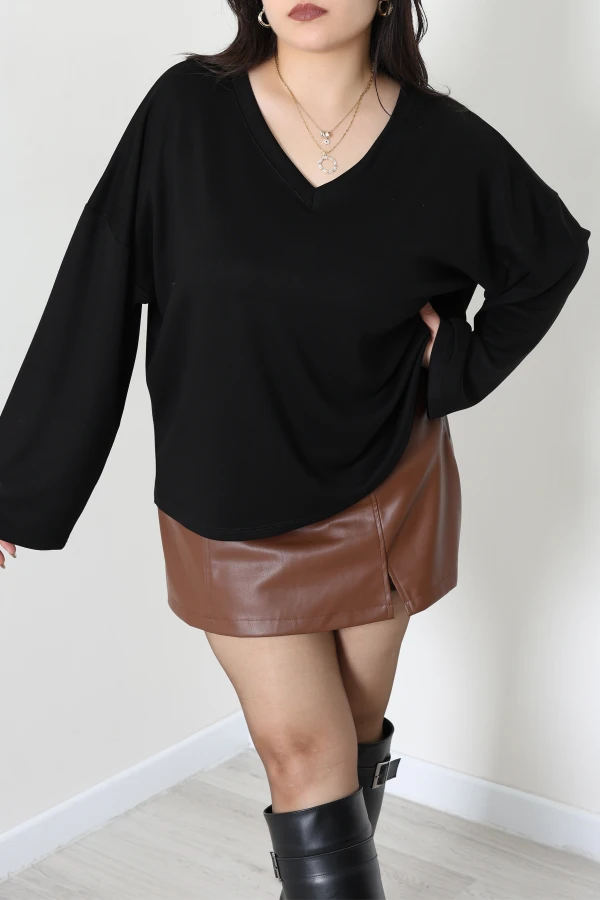 V Yaka Kimono Kol Büyük Beden Modal Bluz Siyah 4