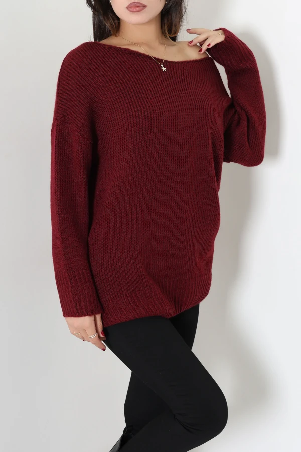 Düşük Kol Oversize Triko Kazak Bordo 5