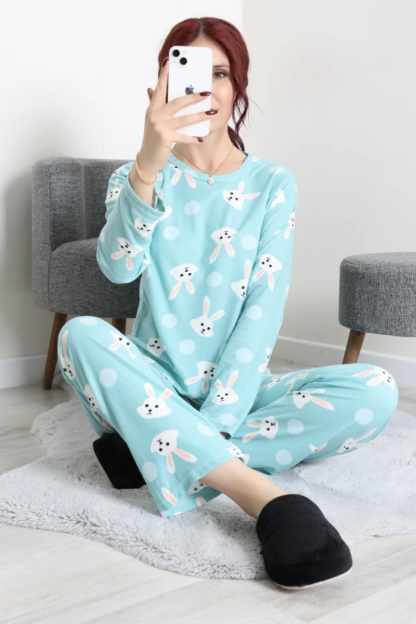 Süet Alt Üst Aynı Pijama Takımı Yeşiltavşan 3